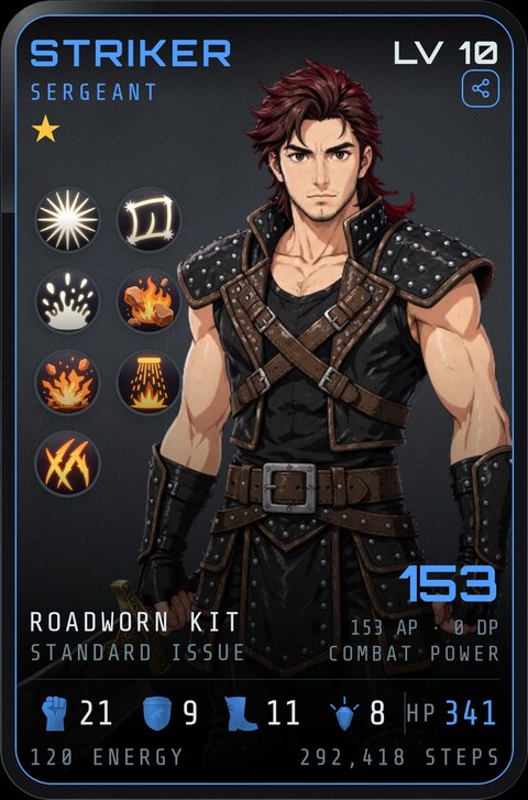 A Jericho hero card: a Striker at level 10 with the rank of Sergeant, showing combat power, energy and total steps