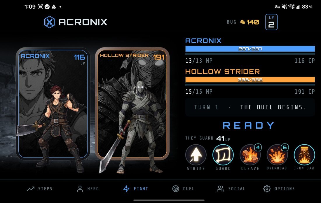 A Jericho duel: two fighters face off, with the skill bar along the bottom of the screen